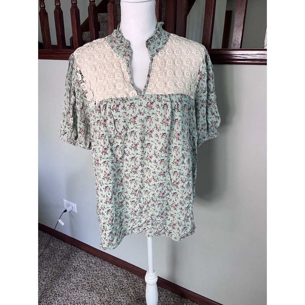 Everleigh Floral Crochet Lace Yoke Blouse Sage Green Boho Cottagecore XL BE21081